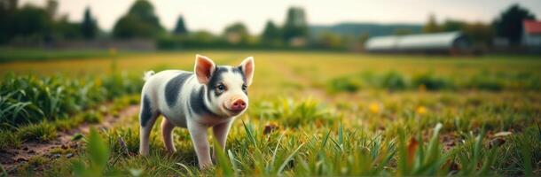 Cute small piglet exploring a green field on a sunny day in a rural setting photo