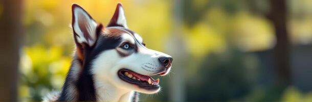 Siberian husky enjoys a sunny day outdoors with a joyful expression in a lush garden photo
