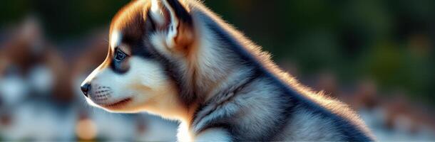 Cute husky puppy sitting outdoors with a soft focus on its fluffy fur in the warm sunlight during a serene afternoon photo