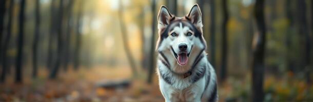 Happy husky standing on a forest trail during autumn with colorful leaves scattered on the ground photo