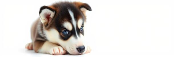 Cute small husky puppy resting on a light background while looking curiously at the viewer and displaying blue eyes photo