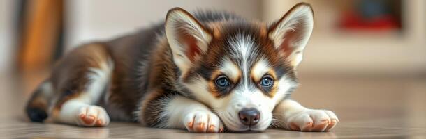 Cute corgi puppy resting on a hardwood floor indoors with bright sunlight illuminating the space and showcasing its fluffy fur photo