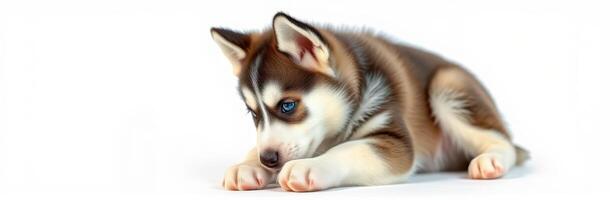 Siberian husky puppy resting on a white surface with striking blue eyes and fluffy coat photo