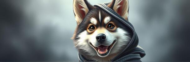 Happy dog wearing a hoodie poses confidently in a playful manner outdoors on a cloudy day photo