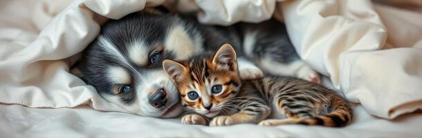 Cute puppy and kitten snuggling together on a cozy blanket in a warm indoor setting during the afternoon photo