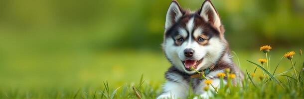 Happy husky puppy playing in a sunny green field surrounded by wildflowers in springtime photo
