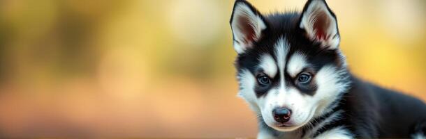 Young husky puppy resting outdoors, showcasing playful demeanor and striking features photo