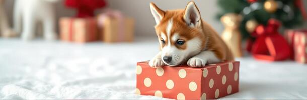 Corgi puppy curiously explores a festive gift box during holiday season photo