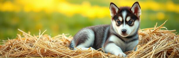 Cute husky puppy relaxing on straw in a sunny meadow surrounded by blooming flowers photo