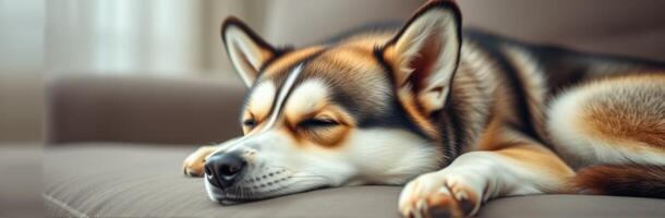 Relaxing dog enjoys a cozy afternoon on the sofa in a bright living room photo