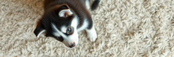 Cute husky puppy playing on soft carpet in a cozy indoor setting during daylight hours photo
