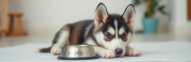 Cute husky puppy resting by food bowl in bright indoor space, showcasing playful spirit and soft fur photo