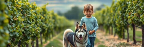 Child walks with a dog through vineyard at sunset, enjoying nature and companionship photo