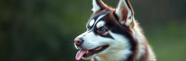 Beautiful Siberian husky with striking blue eyes enjoying a day outdoors in a lush green park setting during the afternoon photo