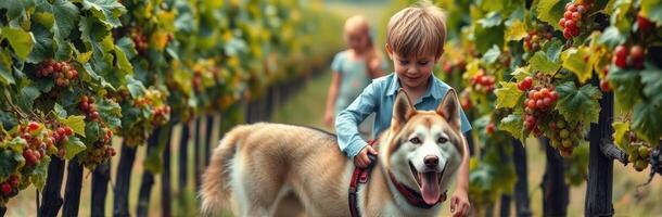 Child playing with dog in a vineyard surrounded by lush green grapevines and another child nearby photo