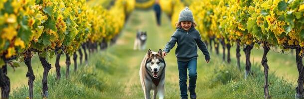 Child walks through vineyard with husky dog during sunny day surrounded by vibrant yellow grapevines photo