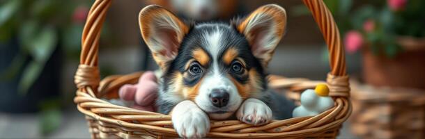 Adorable corgi puppy relaxing in a woven basket surrounded by plants in a cozy indoor setting photo