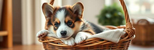 Cute corgi puppy resting in a wicker basket at home during daylight hours photo