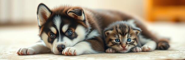 Cute puppy and kitten relaxing together on a cozy rug in a sunny living room photo