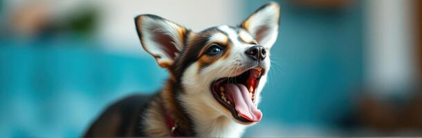 Happy corgi puppy yawning with blue background in a bright living room during afternoon sunlight photo