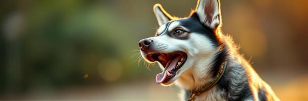 Happy husky dog enjoying the golden hour outdoors with a joyful expression photo