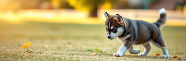Cute husky puppy exploring a sunlit park during autumn afternoon photo