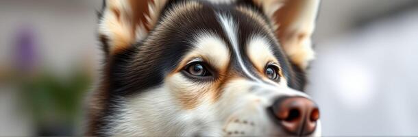 Close-up of a curious Siberian Husky with striking blue eyes during a sunny indoor afternoon photo