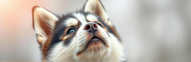 Cute dog looking up with curious expression in a soft light setting outdoors during early morning photo