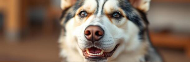 Happy husky captures attention in a bright indoor setting during afternoon leisure time photo