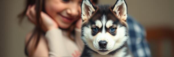 Child enjoys playful moment with adorable Siberian Husky puppy indoors during a cozy afternoon photo