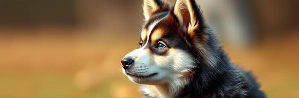 Cute husky puppy enjoying a sunny day outdoors in a natural setting with soft golden light photo