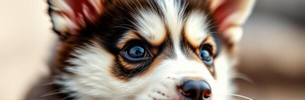 Adorable puppy with striking blue eyes gazes curiously at its surroundings in a sunny outdoor setting during the afternoon photo