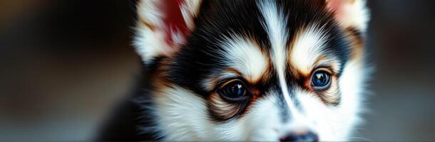 Cute puppy with striking eyes gazes curiously while resting on a surface in soft light photo