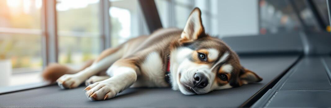 Dog resting on treadmill in modern gym during afternoon with natural light photo