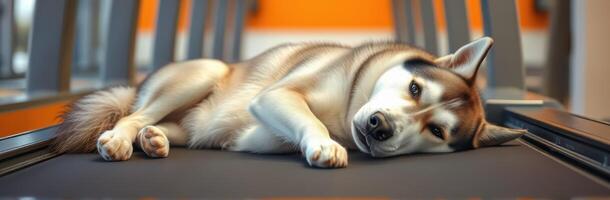 Husky relaxes on treadmill at a gym, illustrating a mix of fitness and leisure in an indoor setting photo