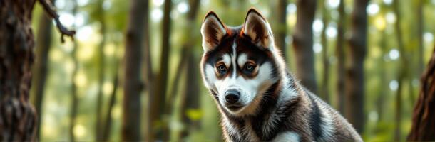 Beautiful husky dog posing in a serene forest setting during the golden hour of late afternoon photo