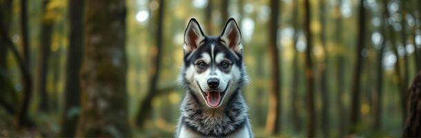 Happy husky dog poses in a serene forest during golden hour light photo