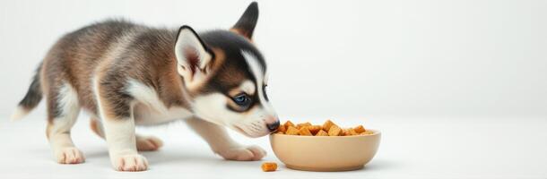 Cute husky puppy enjoying a bowl of crunchy dog treats on a light background photo
