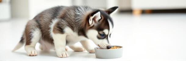 Cute husky puppy enjoying meal in bright indoor setting during daytime photo