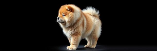 Cute fluffy chow chow puppy standing against a black background showcasing its playful demeanor and unique fur pattern photo