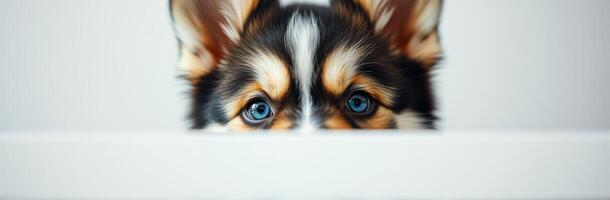 Corgi puppy peeking over a white surface with striking blue eyes in a modern indoor setting photo