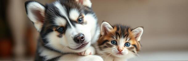 Adorable puppy and kitten cuddling together in a cozy indoor setting photo