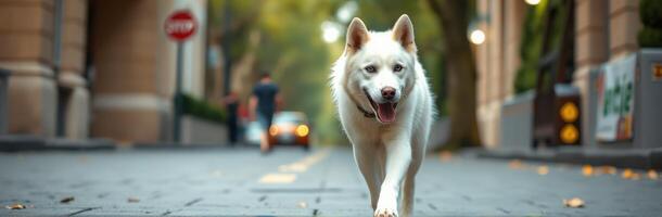 White husky walking down a city street during the late afternoon with people and cars in the background photo
