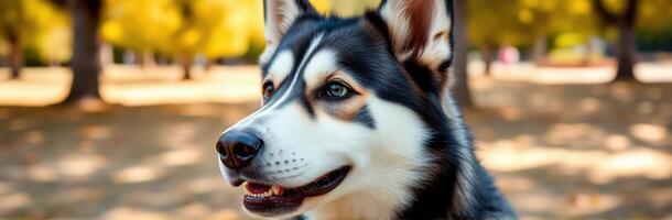 Happy husky enjoying a sunny day in a park surrounded by vibrant autumn foliage and playful atmosphere photo