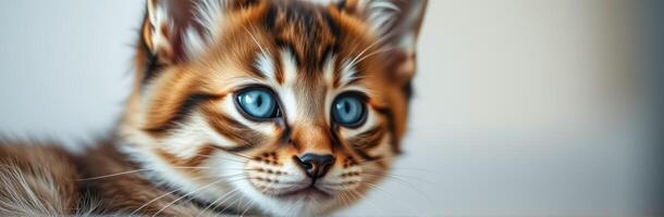 Cute ginger kitten with striking blue eyes gazes curiously at the viewer in soft indoor lighting photo