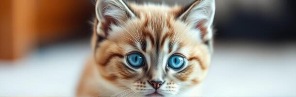 Adorable fluffy kitten with striking blue eyes lounging indoors during a sunny afternoon photo