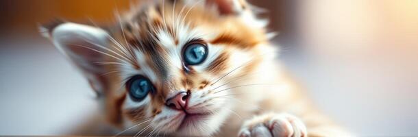 Adorable kitten with striking blue eyes exploring a warm, cozy environment in the afternoon light photo
