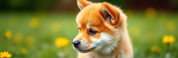 Cuddly puppy exploring a sunny garden filled with wildflowers in spring photo