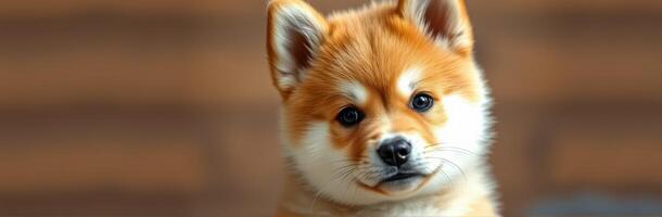 Cute corgi puppy sitting indoors with soft lighting and a blurred background, showcasing its playful and curious expression photo
