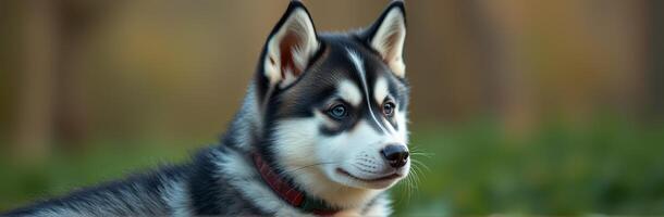 Siberian husky puppy relaxing in a natural setting during the golden hour of the evening photo